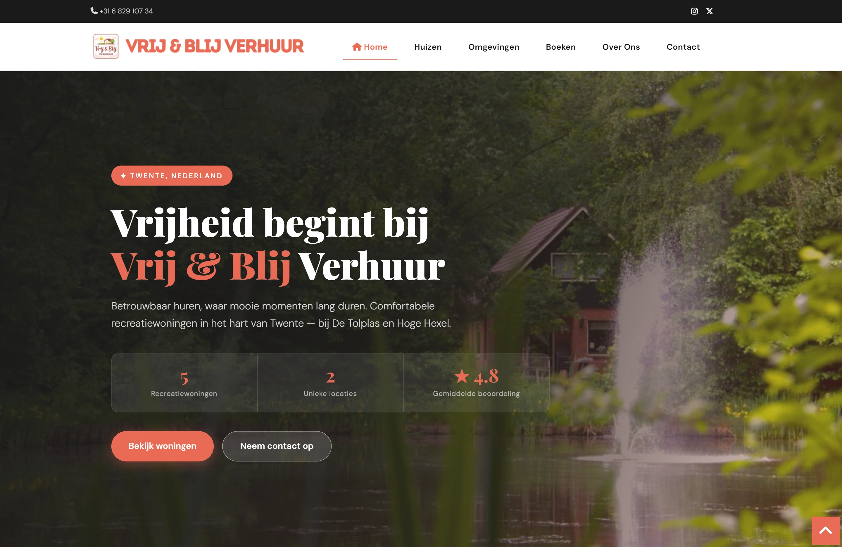 De homepage van de website van verhuurbedrijf Vrij & Blij
